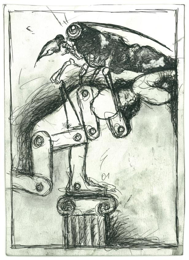 Eine Skizze zeigt eine vogelartige Figur auf einer mechanischen Konstruktion, die auf einer Säule steht.