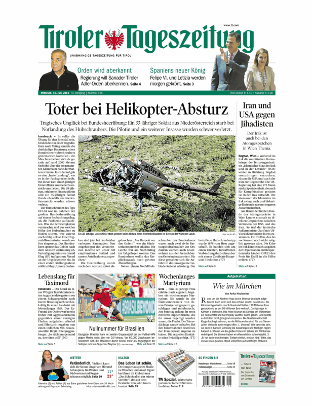 Titelseite der Tiroler Tageszeitung vom 18. Juni 2014 mit der Schlagzeile über einen Helikopterabsturz.