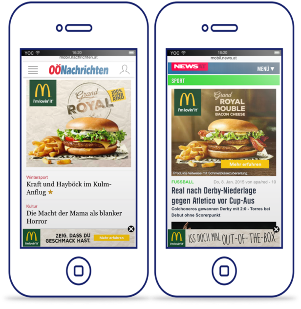 Zwei Smartphones zeigen die Webseite der OÖNachrichten mit Werbung für McDonald's Burger.