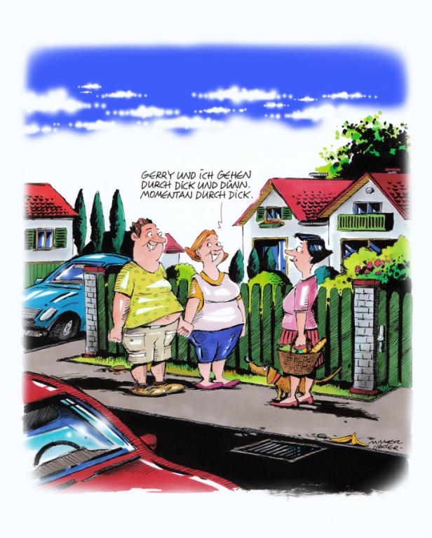 Eine Karikatur zeigt zwei korpulente Personen und eine Frau mit Hund auf einer Straße.