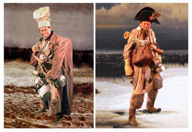 Zwei verkleidete Personen vor einem historischen Kriegsgemälde, die Koch bzw. Napoleon darstellen.
