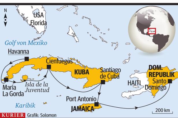 Eine Karte der Karibik mit Kuba, Jamaika, Haiti und der Dominikanischen Republik.