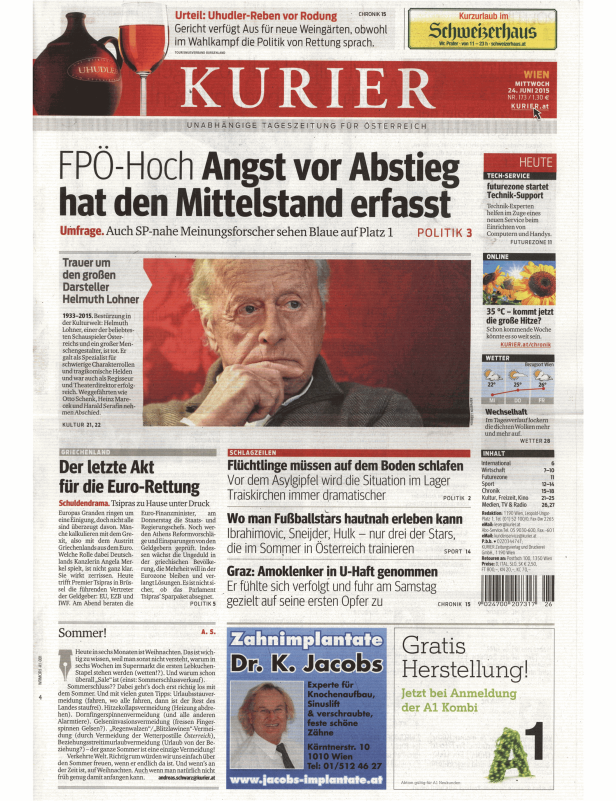 Titelseite der österreichischen Tageszeitung „Kurier“ vom 24. Juni 2015.