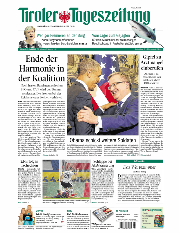Titelseite der Tiroler Tageszeitung vom 4. Juni 2014.