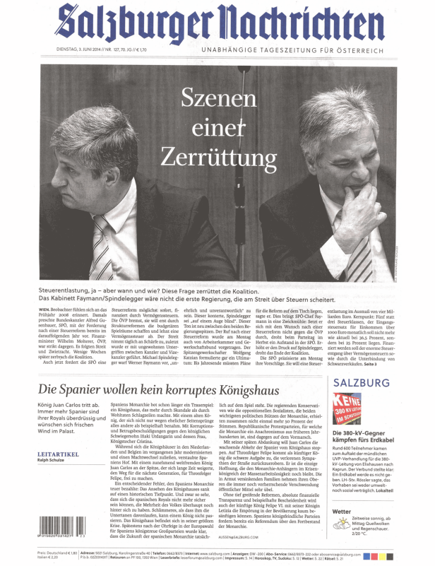 Titelseite der Salzburger Nachrichten vom 3. Juni 2014 mit den Schlagzeilen „Szenen einer Zerrüttung“.
