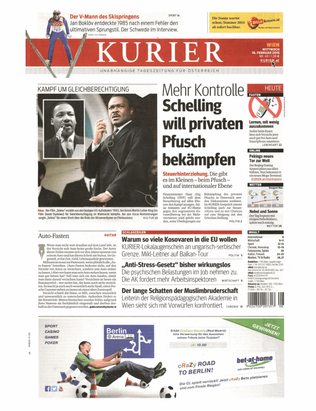 Titelseite der Zeitung „Kurier“ vom 18. Februar 2015.