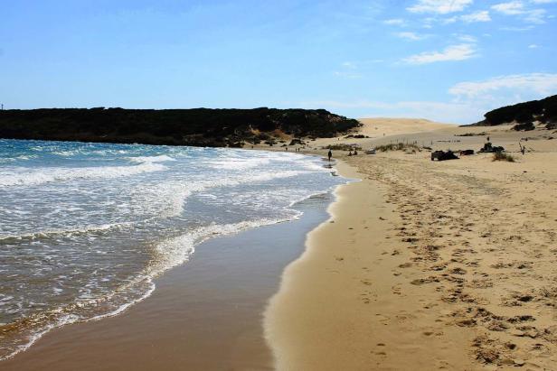 Eine Küstenlandschaft mit Sandstrand, sanften Wellen und bewachsenen Dünen im Hintergrund.