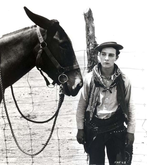 Buster Keaton steht mit einem Maultier an einem Zaun.
