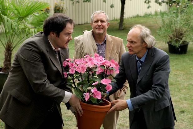 Drei Männer in Anzügen tragen gemeinsam einen Topf mit rosa Hortensien.