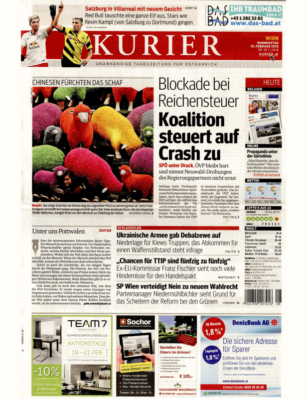 Titelseite der Zeitung Kurier vom 19. Februar 2015 mit Artikeln zu verschiedenen Themen.
