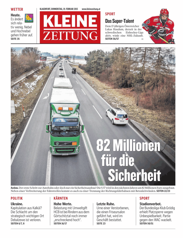 Titelseite der Kleinen Zeitung vom 19. Februar 2015 mit dem Titel „82 Millionen für die Sicherheit“.