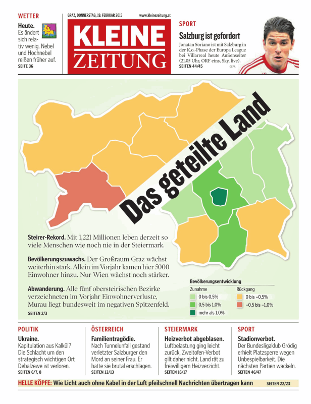 Eine Karte Österreichs zeigt die Bevölkerungsentwicklung der einzelnen Regionen.