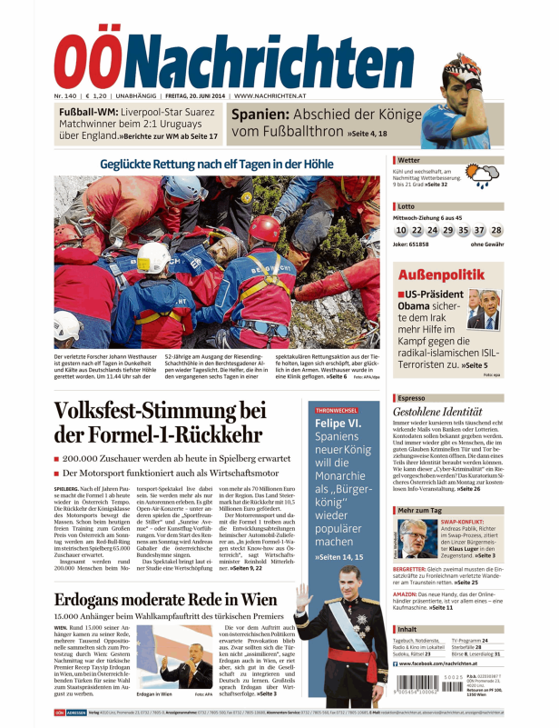 Titelseite der OÖ Nachrichten vom 20. Juni 2014 mit Artikeln zu Fußball-WM, Höhlenrettung und Erdogan.