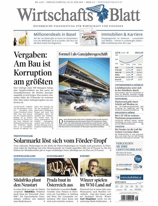Titelseite des WirtschaftsBlatt vom 20./21. Juni 2014.