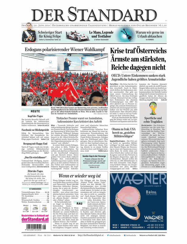 Titelseite der Zeitung „Der Standard“ vom 20. Juni 2014 mit einem Artikel über Erdogans Wahlkampf in Wien.