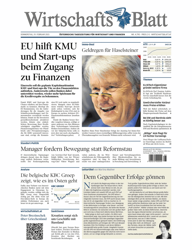 Titelseite des Wirtschaftsblatt vom 19. Februar 2015.