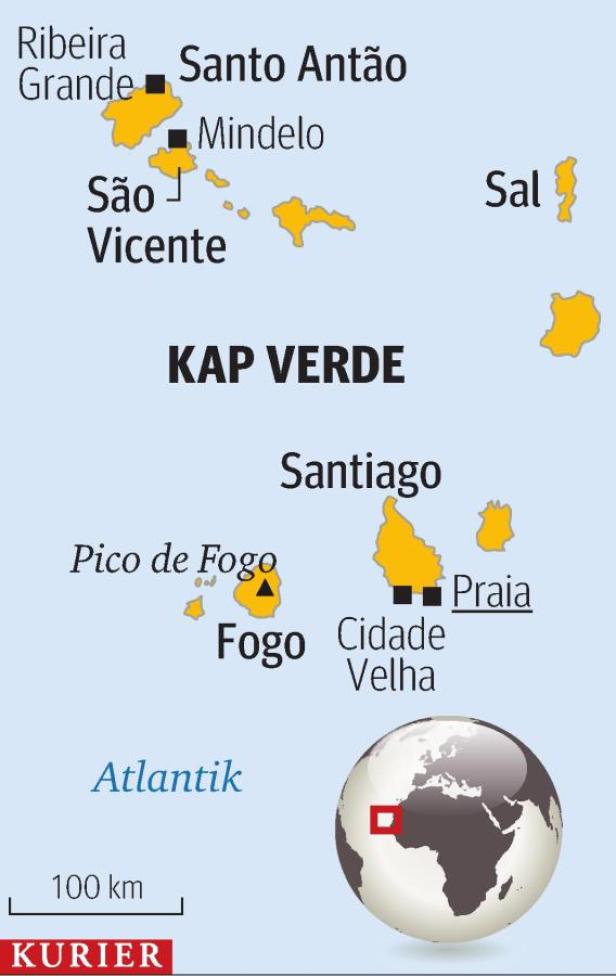 Eine Karte von Kap Verde mit den Inseln Santo Antão, São Vicente, Sal, Santiago und Fogo.