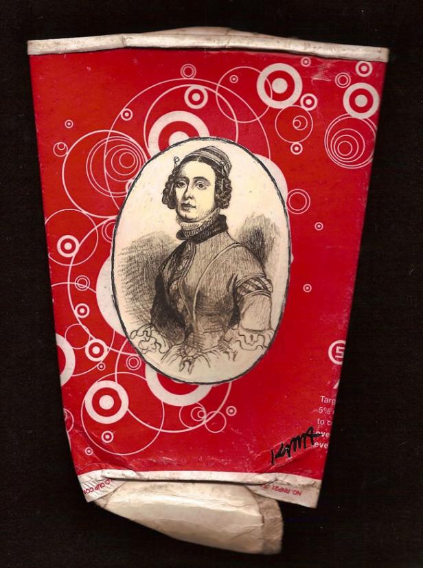 Eine Bleistiftzeichnung einer Frau auf einer zerdrückten roten Dose mit weißen Kreisen.