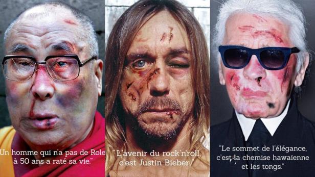 Das Foto zeigt den Dalai Lama, Iggy Pop und Karl Lagerfeld mit simulierten Gesichtsverletzungen.