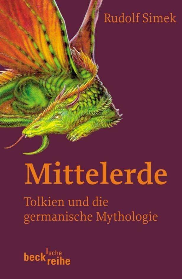 Das Buch „Mittelerde: Tolkien und die germanische Mythologie“ von Rudolf Simek mit einem Drachen auf dem Cover.