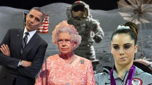 Eine Collage mit Barack Obama, Queen Elizabeth II, McKayla Maroney und einem Astronauten auf dem Mond.