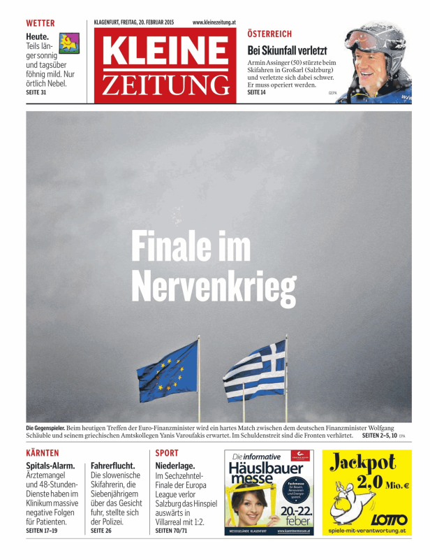 Titelseite der Kleinen Zeitung vom 20. Februar 2015 mit dem Titel „Finale im Nervenkrieg“.