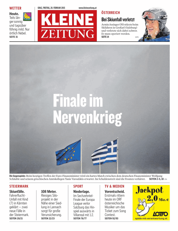 Titelseite der Kleinen Zeitung vom 20. Februar 2015 mit den Flaggen der EU und Griechenlands.