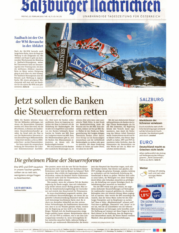 Titelseite der Salzburger Nachrichten mit einem Skifahrer im Sprung über eine Piste.