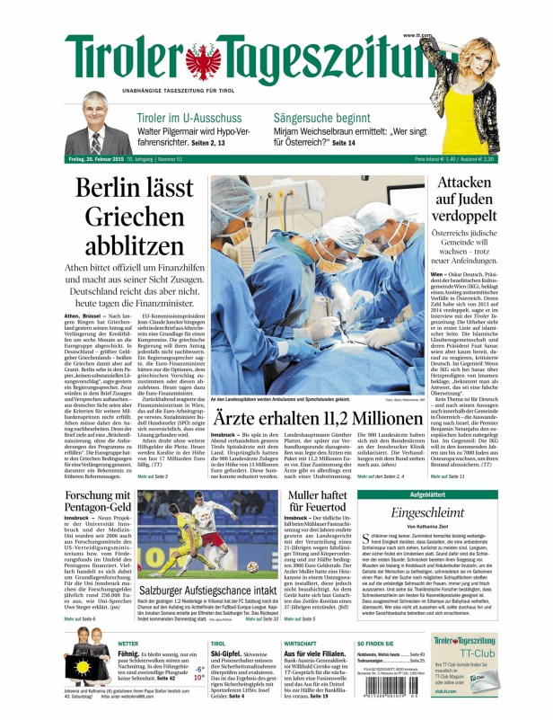 Titelseite der Tiroler Tageszeitung vom 20. Februar 2015.
