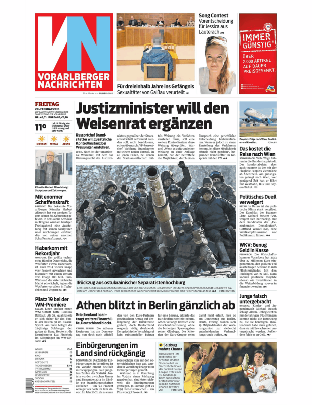 Titelseite der Vorarlberger Nachrichten vom 20. Februar 2015.