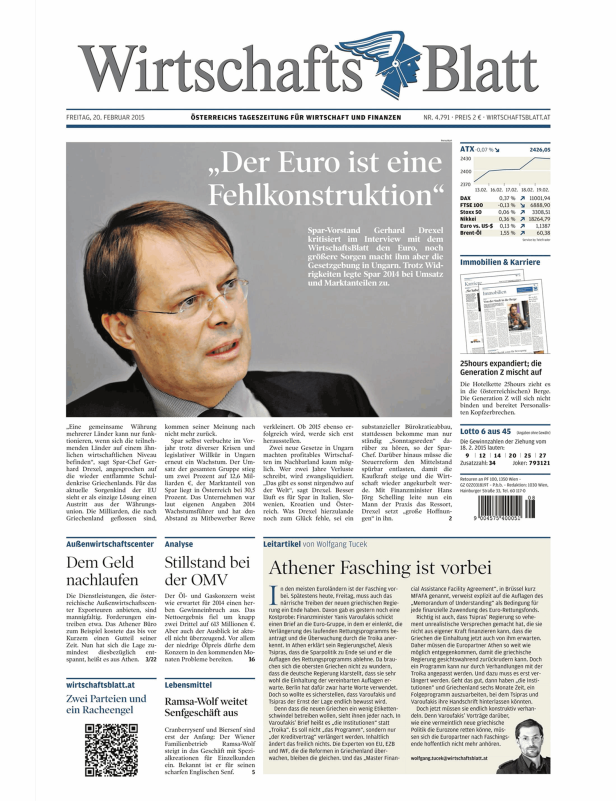 Titelseite des WirtschaftsBlatt vom 20. Februar 2015 mit einem Artikel über Gerhard Drexel.