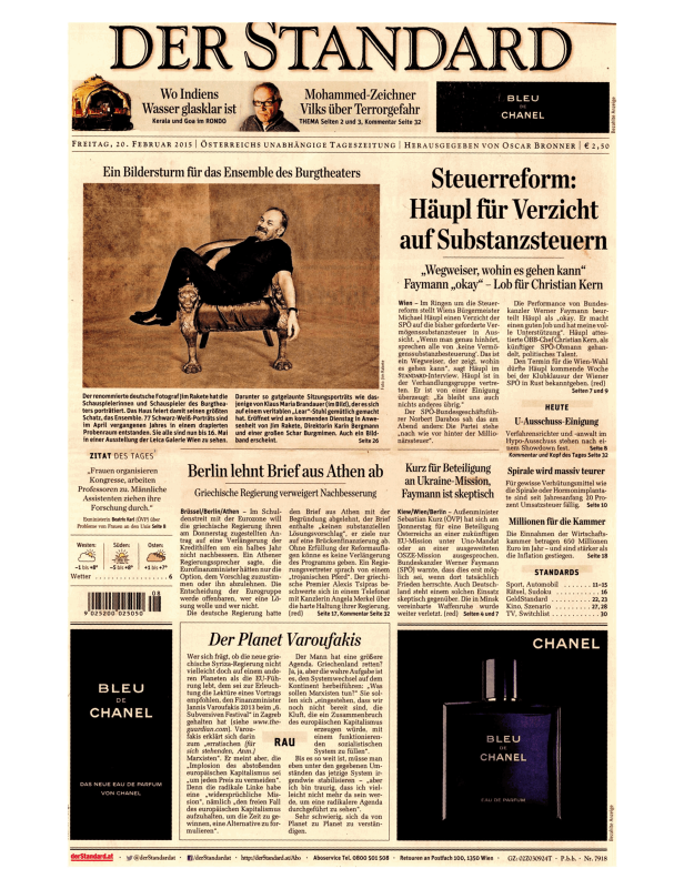 Titelseite der Zeitung „Der Standard“ vom 20. Februar 2015.
