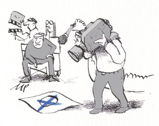 Ein Karikatur zeigt einen Politiker vor Kameras und Mikrofonen, mit einer finnischen Flagge am Boden.