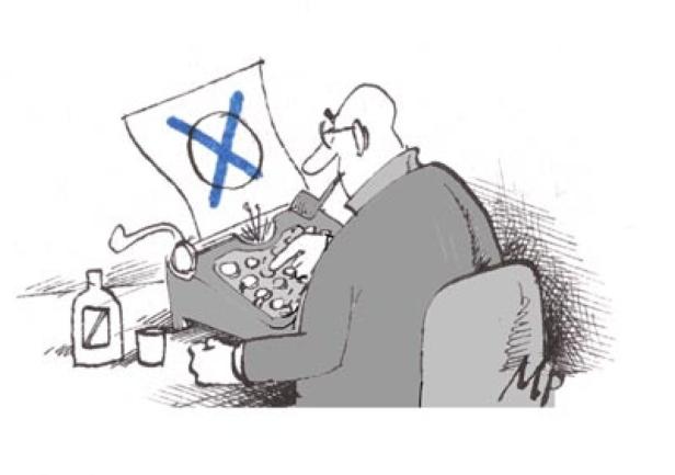 Karikatur eines Mannes, der an einer Schreibmaschine mit einem blauem Kreuz tippt, neben einer Flasche und einem Glas.