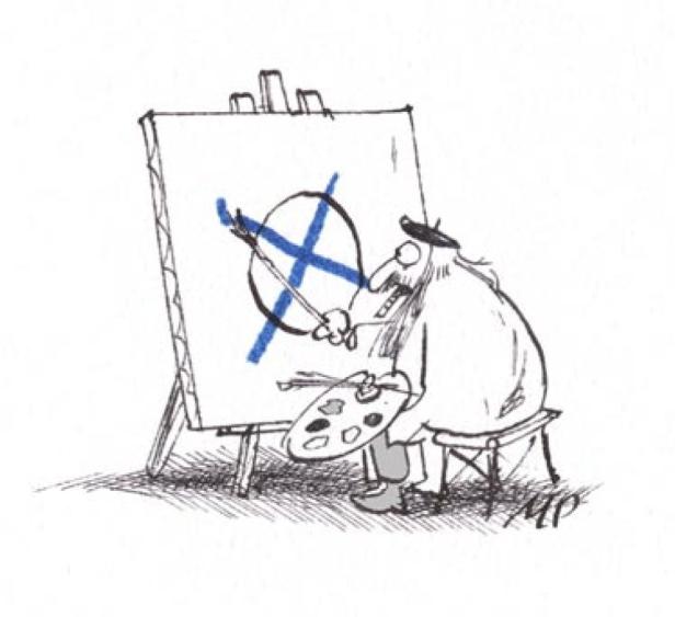 Ein Karikatur-Künstler malt eine blaue Saltire auf einer Leinwand.