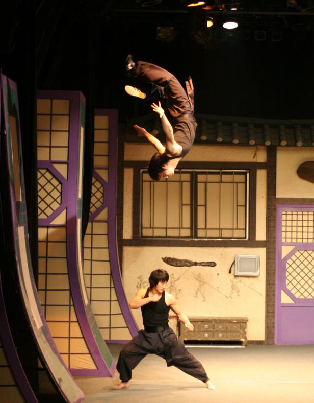 Zwei Männer führen Kampfsportakrobatik auf einer Bühne auf.