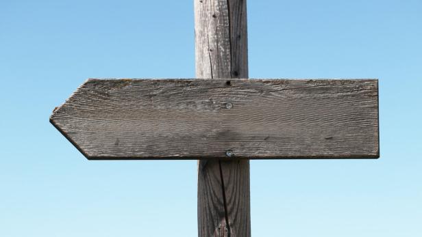 Ein hölzernes Wegweiserschild zeigt nach links vor blauem Himmel.