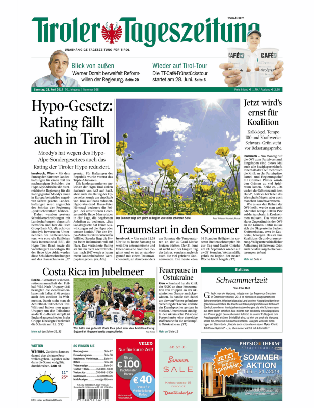 Titelseite der Tiroler Tageszeitung vom 21. Juni 2014.