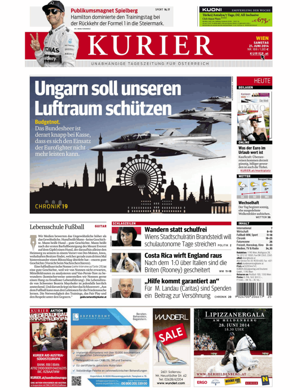 Titelseite des Kurier vom 21. Juni 2014 mit Nachrichten und Anzeigen.