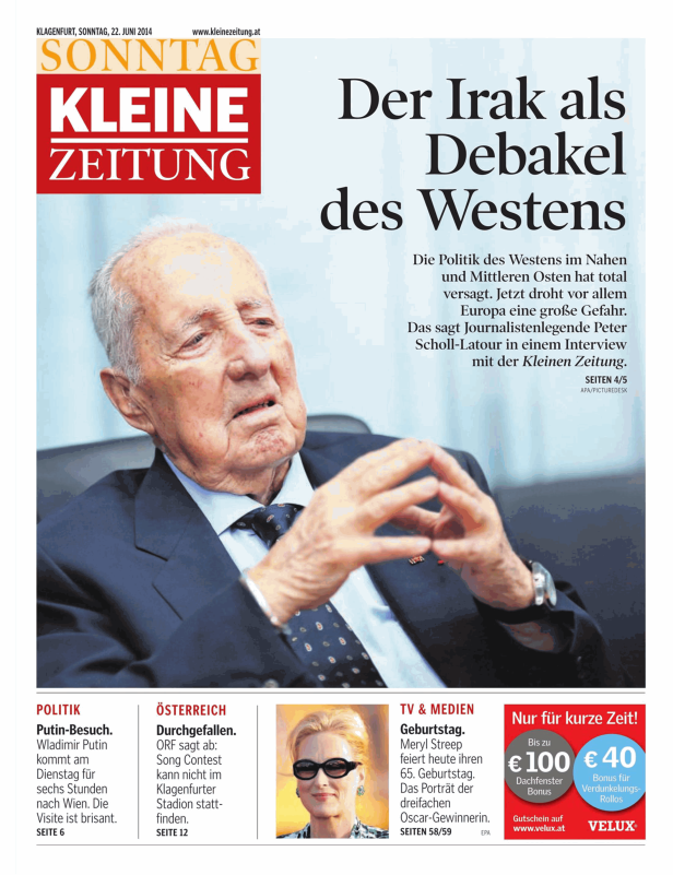 Titelseite der Kleinen Zeitung vom 22. Juni 2014 mit einem Porträt von Peter Scholl-Latour.
