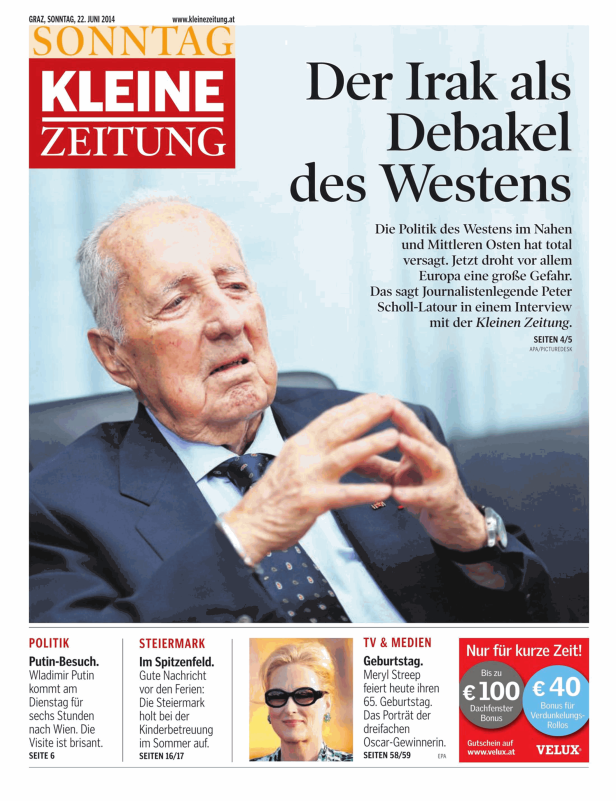 Titelseite der Kleinen Zeitung vom 22. Juni 2014 mit einem Porträt von Peter Scholl-Latour.