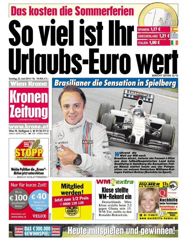 Titelseite der Kronen Zeitung vom 22. Juni 2014 mit einem Artikel über Formel-1-Fahrer Felipe Massa.