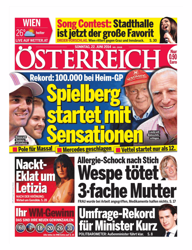 Titelseite der Zeitung „Österreich“ vom 22. Juni 2014 mit Schlagzeilen zu Motorsport, Song Contest und Politik.