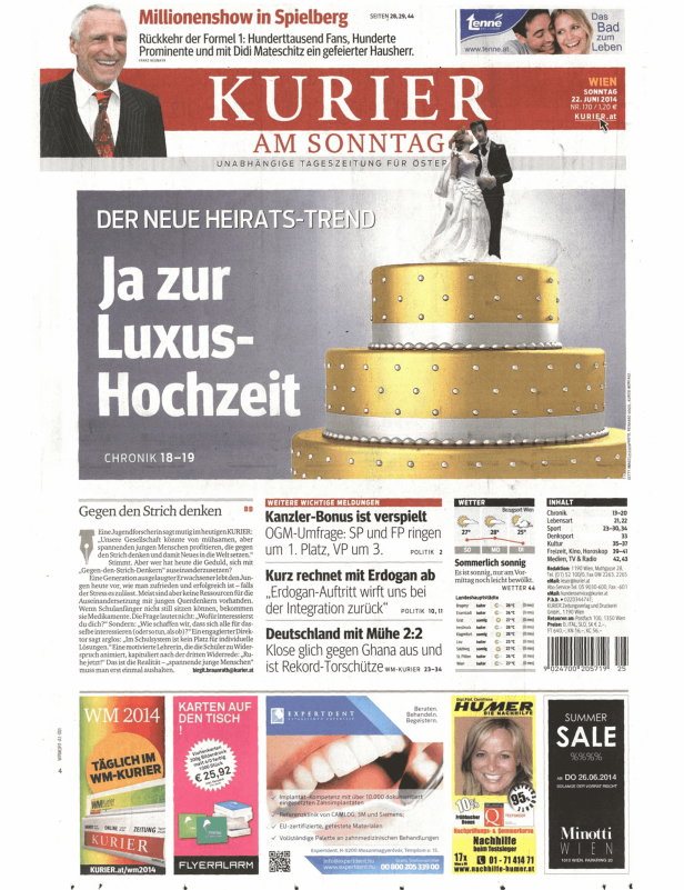 Titelseite des Kurier am Sonntag mit Schlagzeilen zu Politik, Sport und Hochzeitstrends.