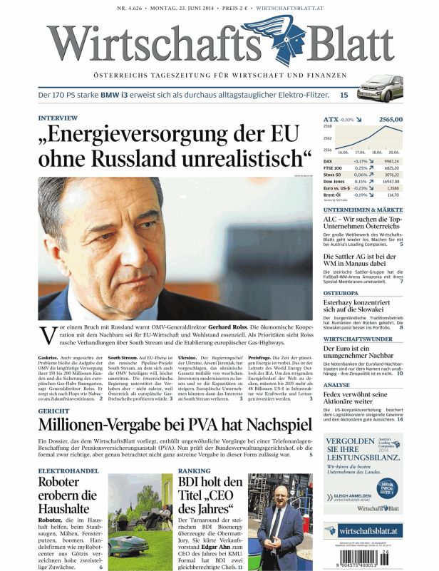Titelseite des WirtschaftsBlatt vom 23. Juni 2014.