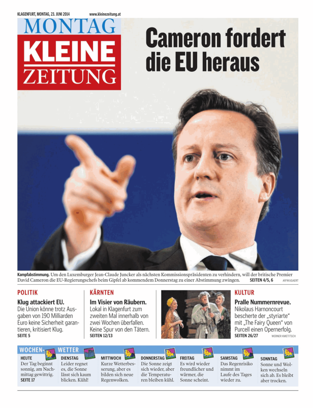 Titelseite der Kleinen Zeitung vom 23. Juni 2014 mit einem Artikel über David Cameron und die EU.