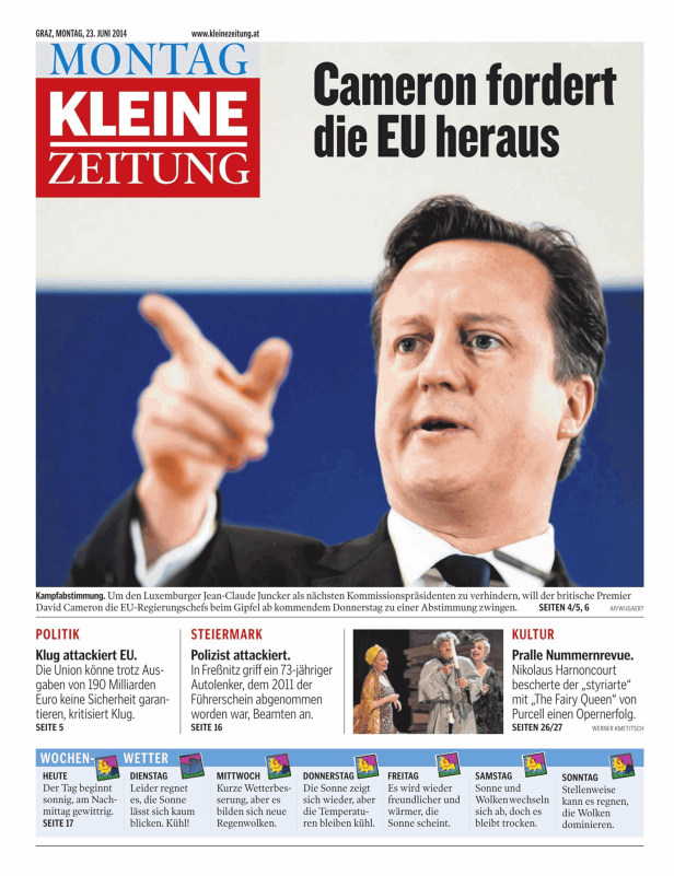 David Cameron auf einer Titelseite der Kleinen Zeitung, die ihn beim Fordern der EU herauszeigt.