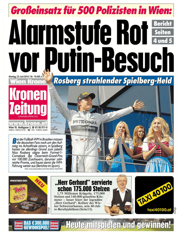 Titelseite der Kronen Zeitung vom 23. Juni 2014 mit der Schlagzeile „Alarmstufe Rot vor Putin-Besuch“ und einem Foto von Nico Rosberg.