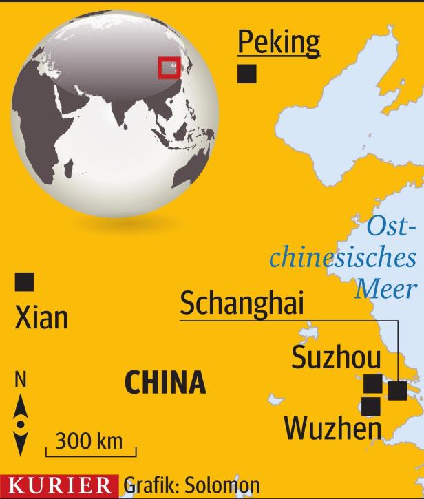 Eine Karte von China mit Peking, Schanghai, Xian, Suzhou und Wuzhen.