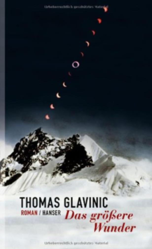Das Cover des Romans „Das größere Wunder“ von Thomas Glavinic zeigt eine Sonnenfinsternis über einem Berg.